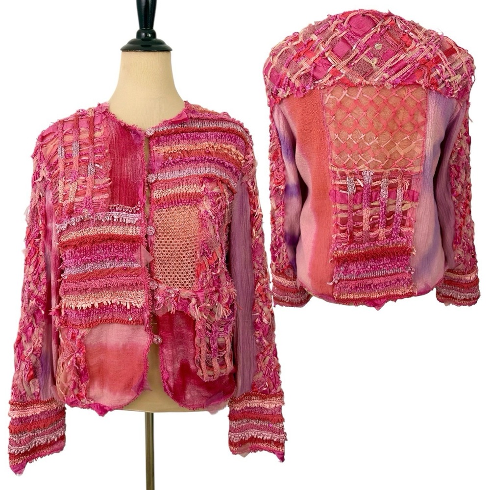SANDY STARKMAN Pink Embroidered Beaded JACKET Cardigan sz L Silk Crochet Art VTG